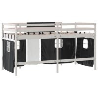 vidaXL Kinderhochbett mit Vorh&auml;ngen Wei&szlig; Schwarz 90x200 cm Kiefernholz