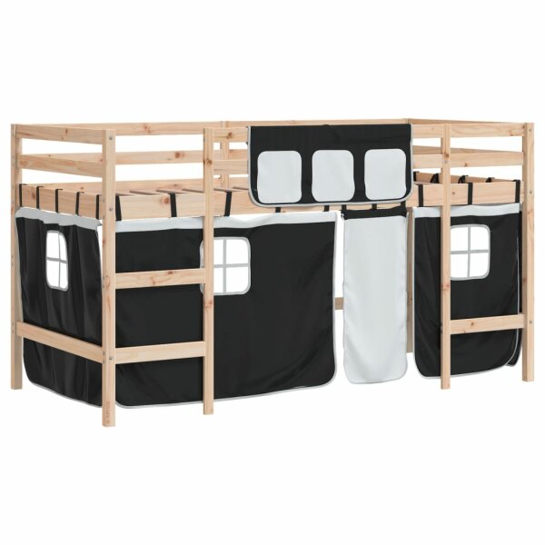 vidaXL Kinderhochbett mit Vorh&auml;ngen Wei&szlig; Schwarz 90x190 cm Kiefernholz