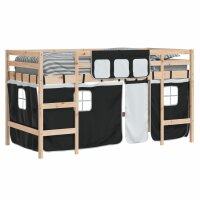 vidaXL Kinderhochbett mit Vorh&auml;ngen Wei&szlig; Schwarz 90x190 cm Kiefernholz