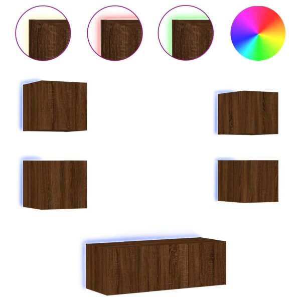 vidaXL 6-tlg. Wohnwand mit LED-Beleuchtung Braun Eichen-Optik