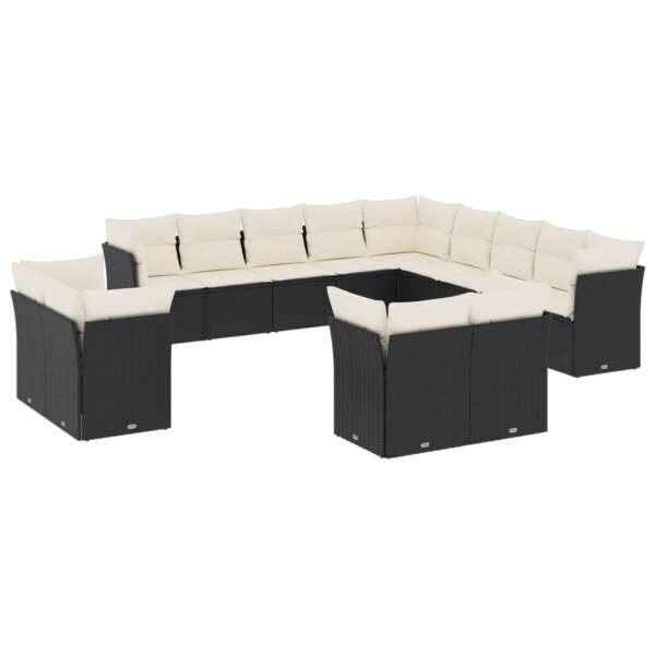 vidaXL 13-tlg. Garten-Sofagarnitur mit Kissen Schwarz Poly Rattan