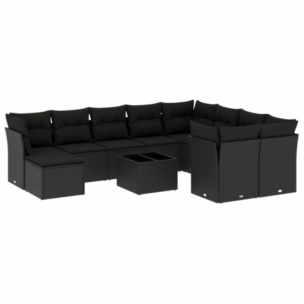 vidaXL 11-tlg. Garten-Sofagarnitur mit Kissen Schwarz Poly Rattan