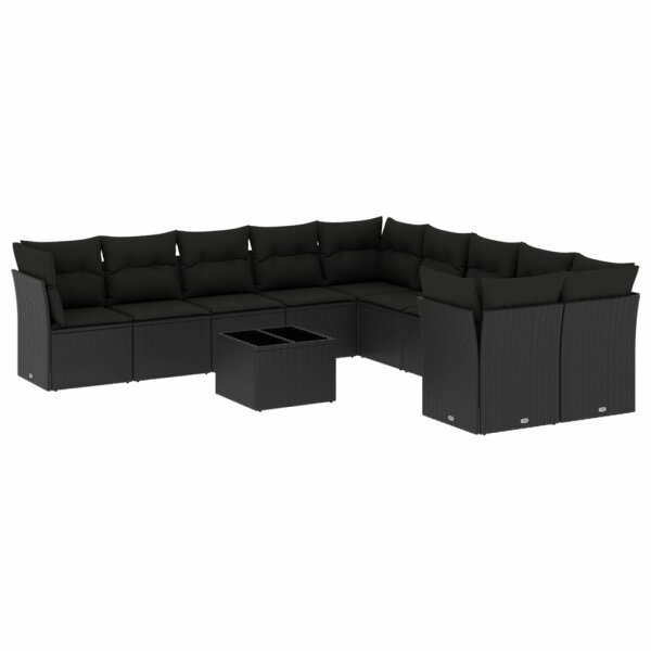 vidaXL 11-tlg. Garten-Sofagarnitur mit Kissen Schwarz Poly Rattan