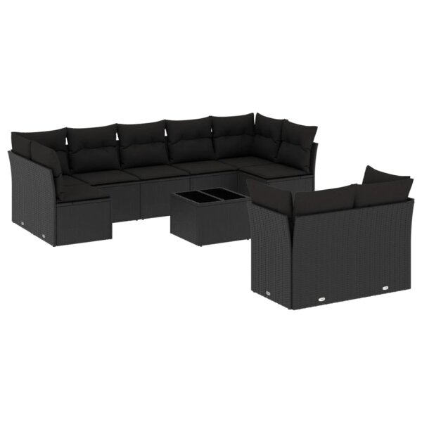 vidaXL 10-tlg. Garten-Sofagarnitur mit Kissen Schwarz Poly Rattan