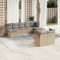 vidaXL 9-tlg. Garten-Sofagarnitur mit Kissen Beige Poly Rattan