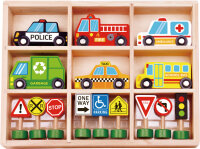 Tooky Toy Holzfahrzeuge und Verkehrsschilder Set 16-teilig