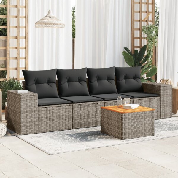 vidaXL 5-tlg. Garten-Sofagarnitur mit Kissen Grau Poly Rattan