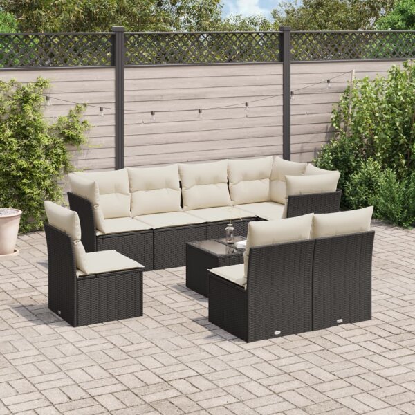 vidaXL 9-tlg. Garten-Sofagarnitur mit Kissen Schwarz Poly Rattan