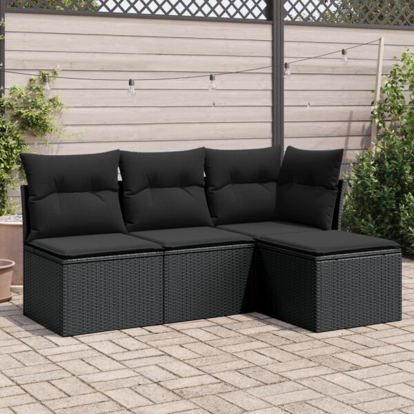 vidaXL 4-tlg. Garten-Sofagarnitur mit Kissen Schwarz Poly Rattan