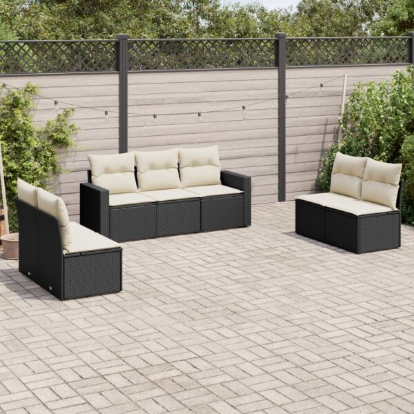 vidaXL 7-tlg. Garten-Sofagarnitur mit Kissen Schwarz Poly Rattan