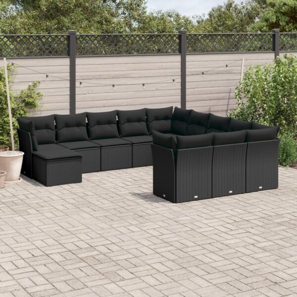 vidaXL 12-tlg. Garten-Sofagarnitur mit Kissen Schwarz Poly Rattan