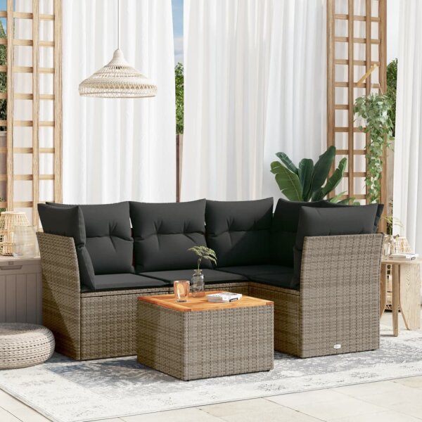 vidaXL 5-tlg. Garten-Sofagarnitur mit Kissen Grau Poly Rattan