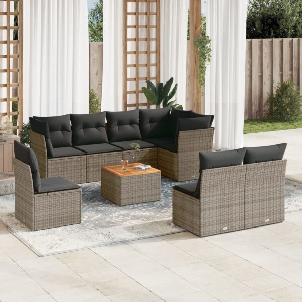 vidaXL 9-tlg. Garten-Sofagarnitur mit Kissen Grau Poly Rattan