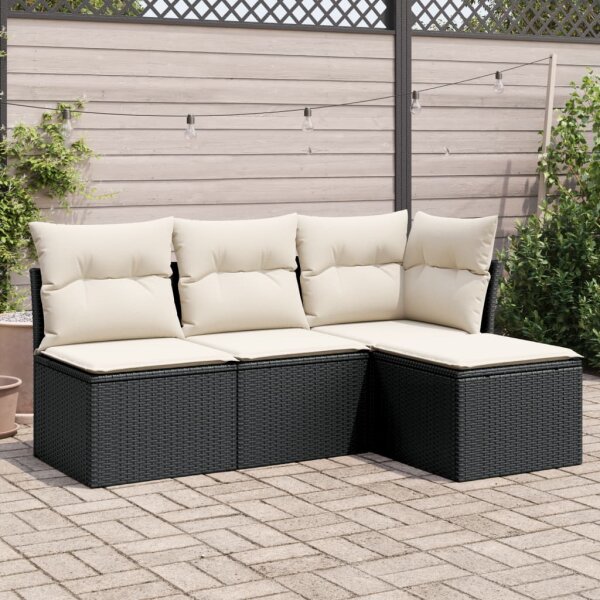 vidaXL 4-tlg. Garten-Sofagarnitur mit Kissen Schwarz Poly Rattan