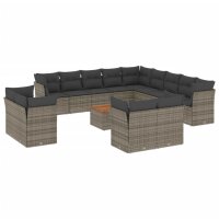 vidaXL 14-tlg. Garten-Sofagarnitur mit Kissen Grau Poly Rattan