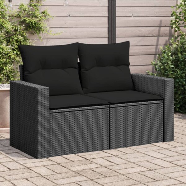 vidaXL Gartensofa mit Kissen 2-Sitzer Schwarz Poly Rattan