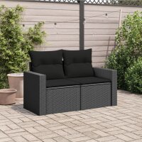 vidaXL Gartensofa mit Kissen 2-Sitzer Schwarz Poly Rattan