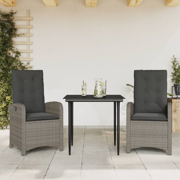 vidaXL 3-tlg. Garten-Essgruppe mit Kissen Grau Poly Rattan