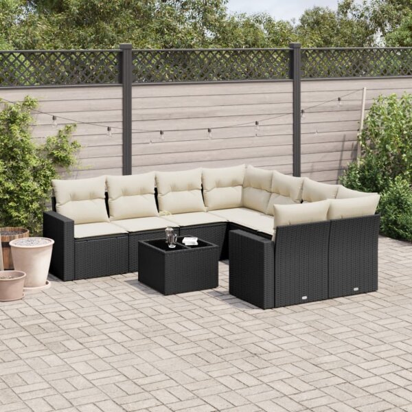 vidaXL 9-tlg. Garten-Sofagarnitur mit Kissen Schwarz Poly Rattan