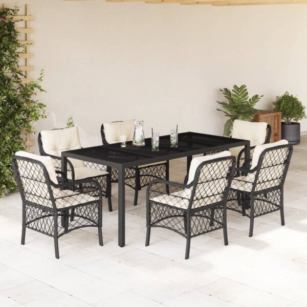 vidaXL 7-tlg. Garten-Essgruppe mit Kissen Schwarz Poly Rattan