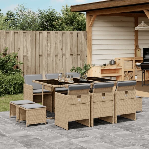 vidaXL 11-tlg. Garten-Essgruppe mit Kissen Beigemischung Poly Rattan