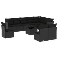 vidaXL 11-tlg. Garten-Sofagarnitur mit Kissen Schwarz Poly Rattan