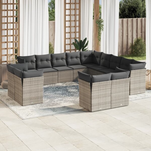 vidaXL 13-tlg. Garten-Sofagarnitur mit Kissen Grau Poly Rattan