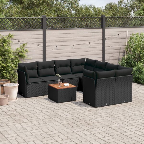 vidaXL 9-tlg. Garten-Sofagarnitur mit Kissen Schwarz Poly Rattan