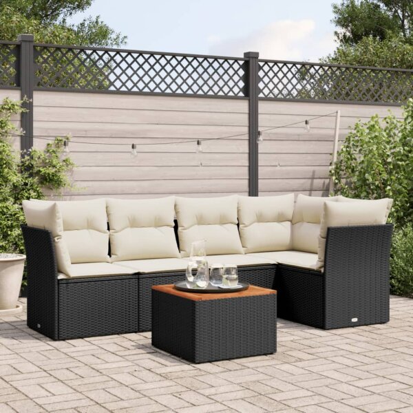 vidaXL 6-tlg. Garten-Sofagarnitur mit Kissen Schwarz Poly Rattan