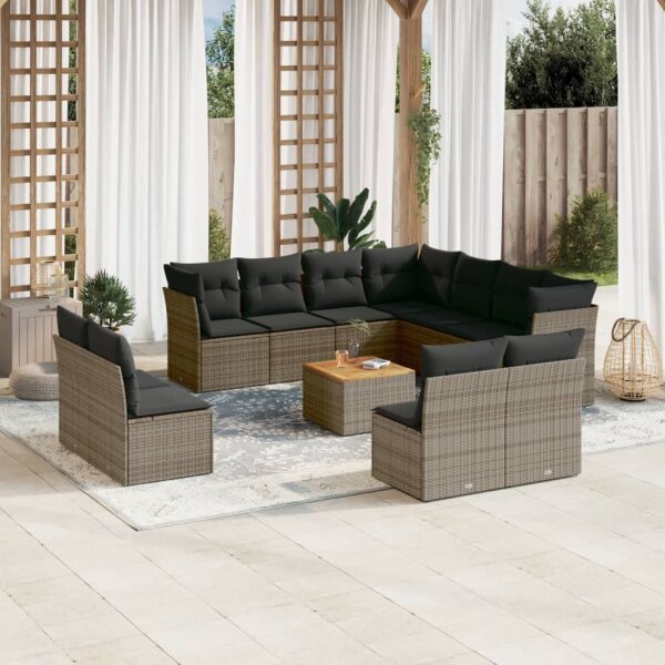 vidaXL 12-tlg. Garten-Sofagarnitur mit Kissen Grau Poly Rattan