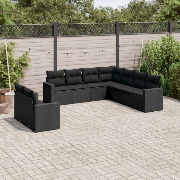 vidaXL 9-tlg. Garten-Sofagarnitur mit Kissen Schwarz Poly Rattan