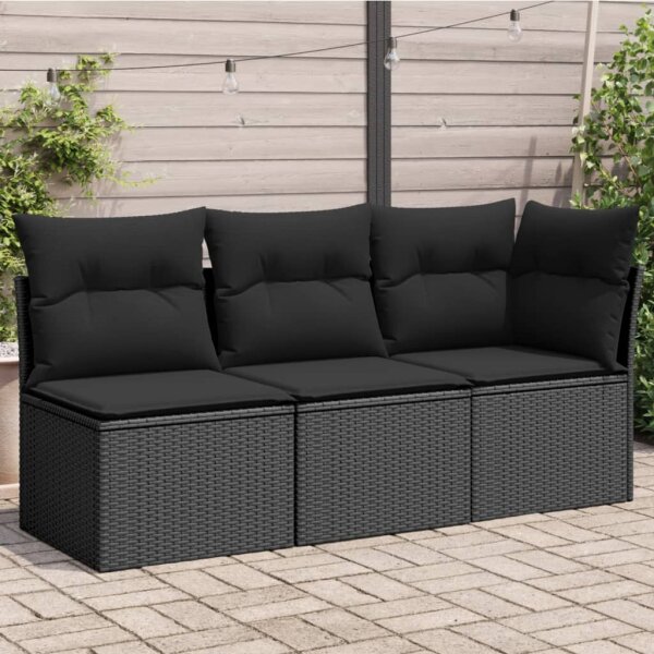 vidaXL Gartensofa mit Kissen 3-Sitzer Schwarz Poly Rattan