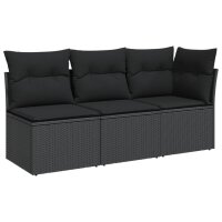 vidaXL Gartensofa mit Kissen 3-Sitzer Schwarz Poly Rattan