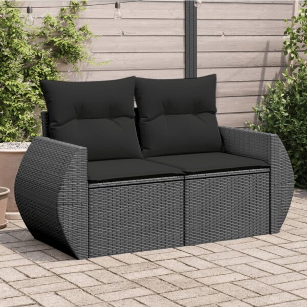 vidaXL Gartensofa mit Kissen 2-Sitzer Schwarz Poly Rattan