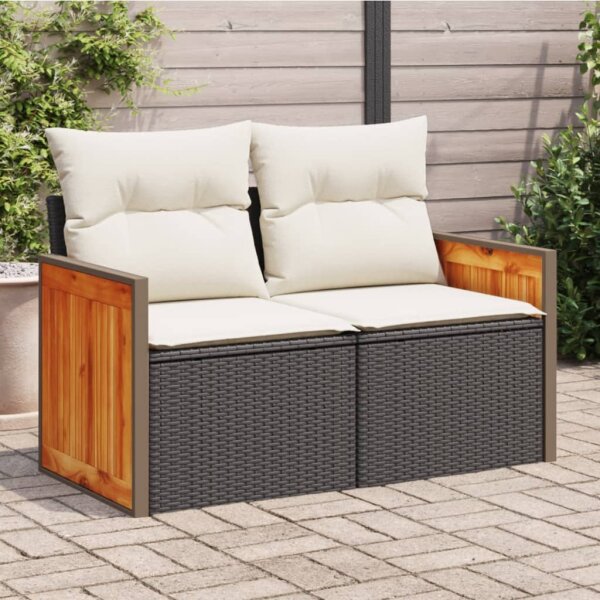 vidaXL Gartensofa mit Kissen 2-Sitzer Schwarz Poly Rattan