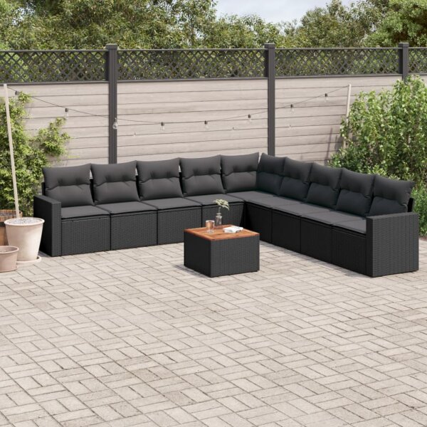 vidaXL 10-tlg. Garten-Sofagarnitur mit Kissen Schwarz Poly Rattan