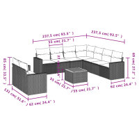 vidaXL 10-tlg. Garten-Sofagarnitur mit Kissen Schwarz Poly Rattan