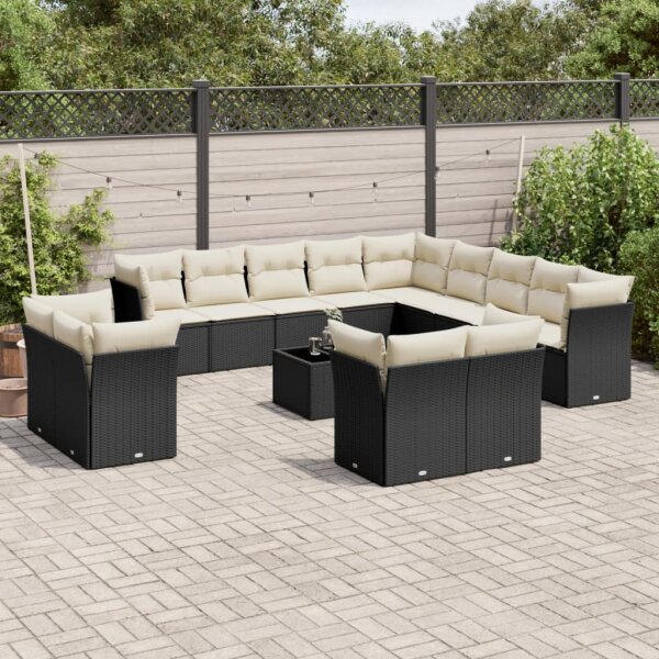 vidaXL 14-tlg. Garten-Sofagarnitur mit Kissen Schwarz Poly Rattan