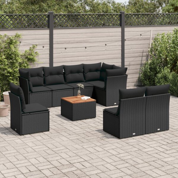 vidaXL 9-tlg. Garten-Sofagarnitur mit Kissen Schwarz Poly Rattan