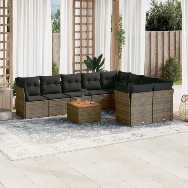 vidaXL 10-tlg. Garten-Sofagarnitur mit Kissen Grau Poly Rattan