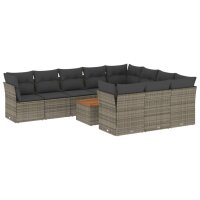 vidaXL 11-tlg. Garten-Sofagarnitur mit Kissen Grau Poly Rattan