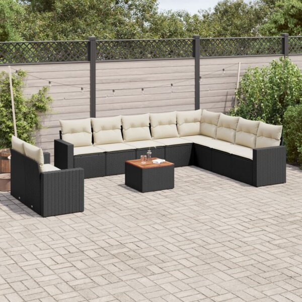 vidaXL 11-tlg. Garten-Sofagarnitur mit Kissen Schwarz Poly Rattan