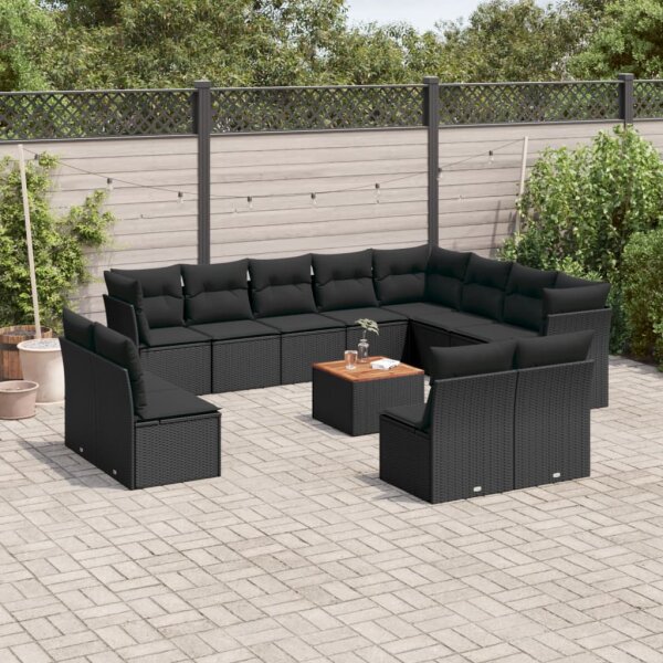 vidaXL 13-tlg. Garten-Sofagarnitur mit Kissen Schwarz Poly Rattan