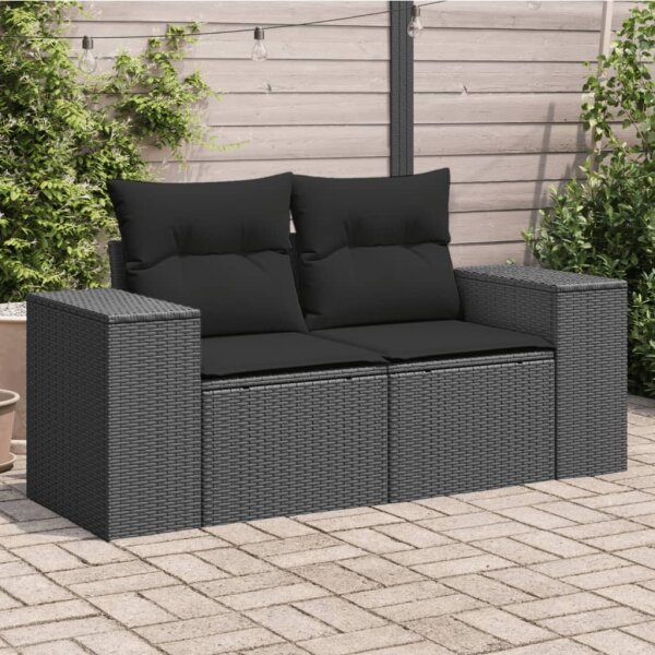 vidaXL Gartensofa mit Kissen 2-Sitzer Schwarz Poly Rattan