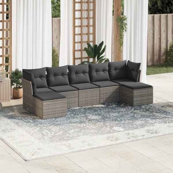 vidaXL 7-tlg. Garten-Sofagarnitur mit Kissen Grau Poly Rattan