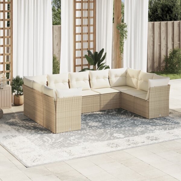 vidaXL 9-tlg. Garten-Sofagarnitur mit Kissen Beige Poly Rattan