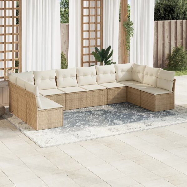 vidaXL 10-tlg. Garten-Sofagarnitur mit Kissen Beige Poly Rattan