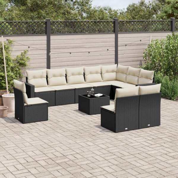 vidaXL 11-tlg. Garten-Sofagarnitur mit Kissen Schwarz Poly Rattan