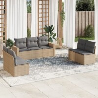 vidaXL 7-tlg. Garten-Sofagarnitur mit Kissen Beige Poly Rattan