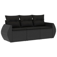 vidaXL 3-tlg. Garten-Sofagarnitur mit Kissen Schwarz Poly Rattan